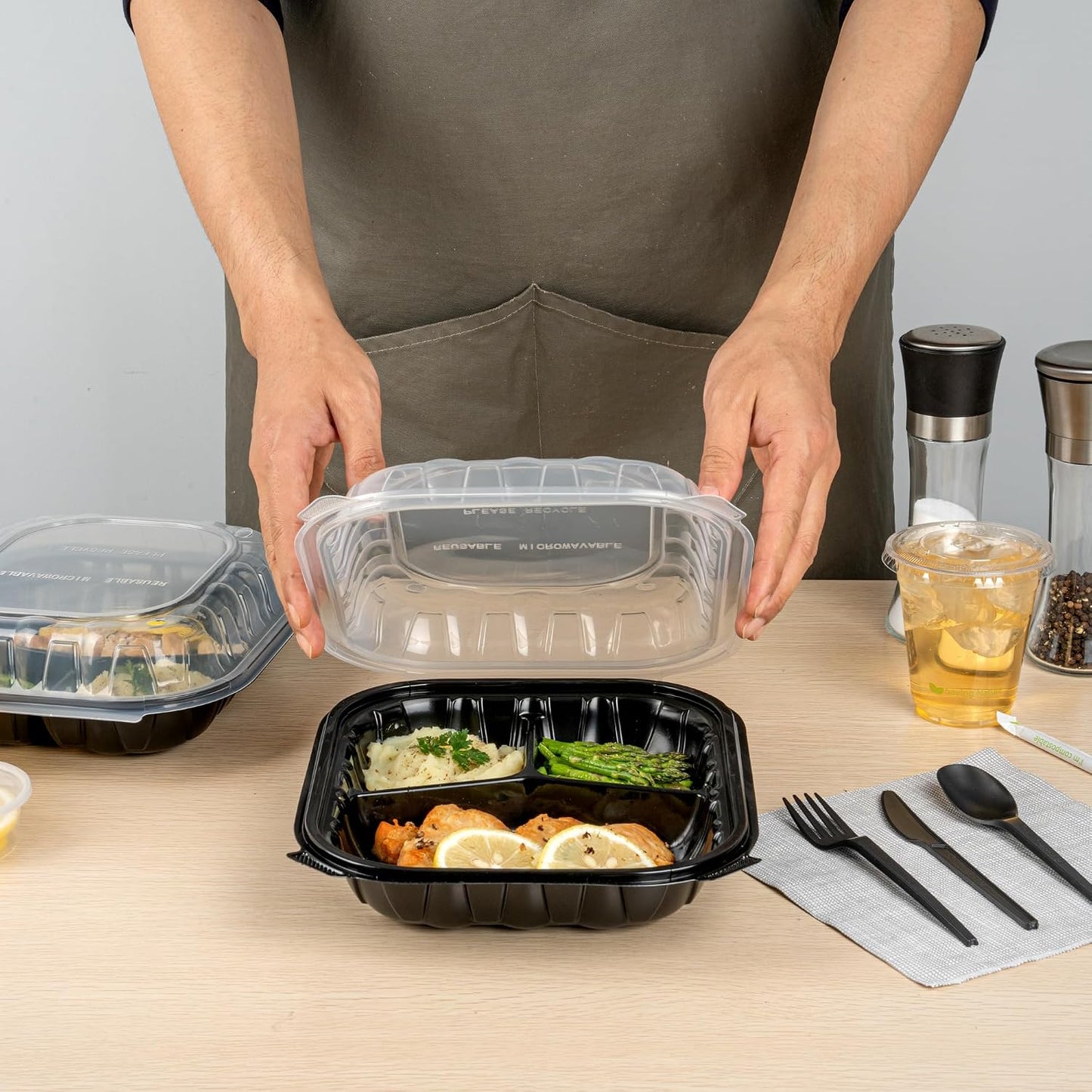 Thermo Tek 40 Ounce Clamshell Containers, 50 Disposable Take Out Boxes - 3 Compartments, Ventilated Lids, Black Plastic Meal Prep Containers, Microwavable, For Pasta Or Salads - Restaurantware
