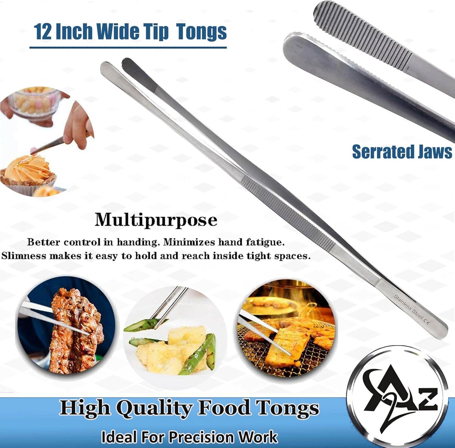 6 Inch Professional Culinary Stainless Steel Precision Tongs with Serrated Tips, Plating/Food Presentation Detailing Serving Tongs, Chef's Kitchen Tweezer Tongs - Ultra Non-Slip Grip