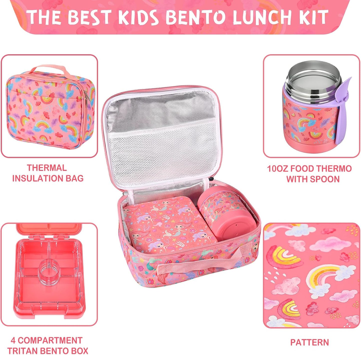 Pawtong Bento Lunch Box Set With 10oz Soup Thermo, Leak-proof Lunch Containers with 4 Compartment, Kids Hot Thermo Food Jar/Insulation Lunch Bag, Food Containers for School（Dinosaur）