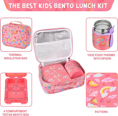 Pawtong Bento Lunch Box Set With 10oz Soup Thermo, Leak-proof Lunch Containers with 4 Compartment, Kids Hot Thermo Food Jar/Insulation Lunch Bag, Food Containers for School（Dinosaur）
