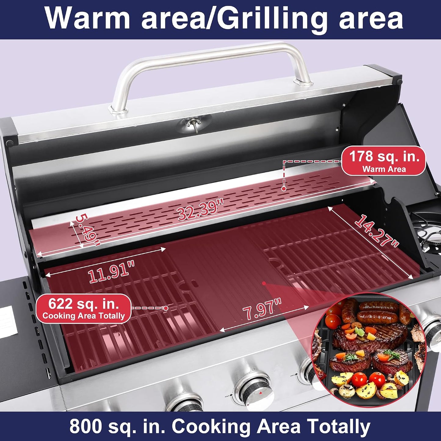 69,000 BTU 6+1 Burner Propane Gas Grill with Cast Iron Grids & Griddle Plate, Double-Wall Stainless Steel Lid – Even Heat, Easy Clean, Perfect for Backyard BBQ