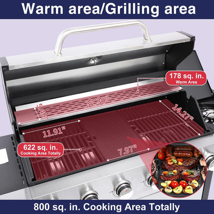 69,000 BTU 6+1 Burner Propane Gas Grill with Cast Iron Grids & Griddle Plate, Double-Wall Stainless Steel Lid – Even Heat, Easy Clean, Perfect for Backyard BBQ