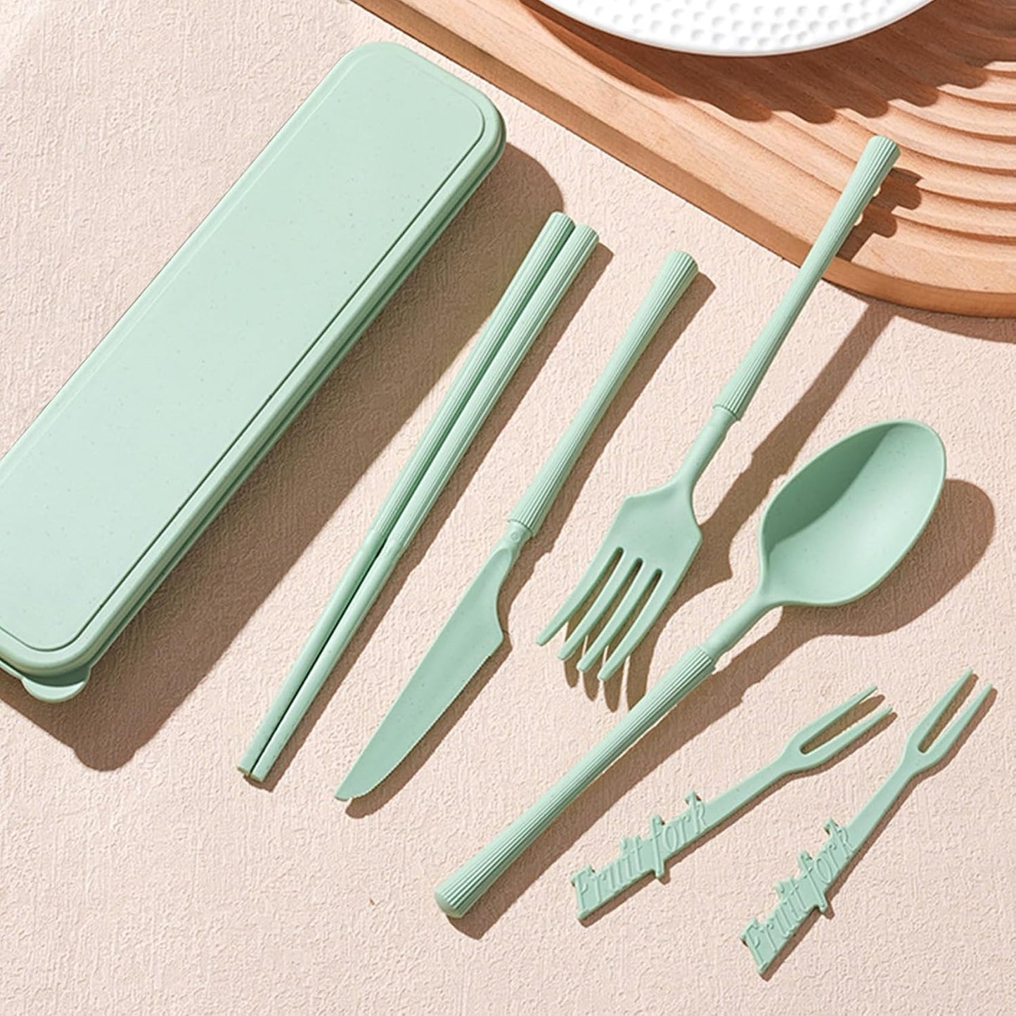 Reusable Travel Utensils Set with Case, Wheat Straw Portable Plastic Fork Spoon Knife Chopsticks Camping Cutlery, Eco-Friendly BPA Free Tableware Picnic Flatware for Kids Adults or Daily Use (Pink)