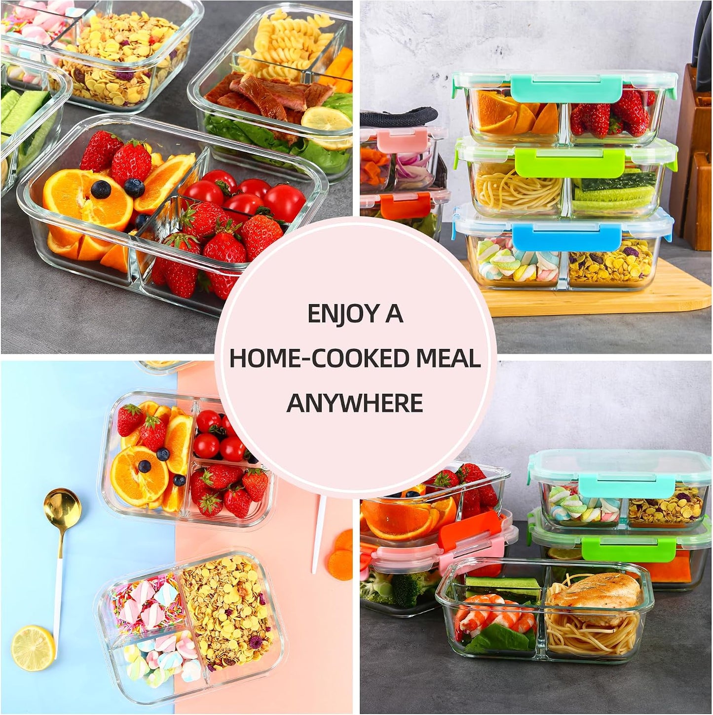 5-Pack,3 Compartment Glass Meal Prep Containers Set,34oz, Divided Food Storage Containers with Lids, Glass Lunch Box with 3 Dividers