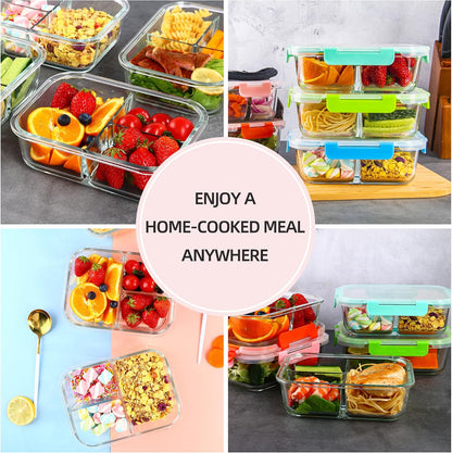 5-Pack,3 Compartment Glass Meal Prep Containers Set,34oz, Divided Food Storage Containers with Lids, Glass Lunch Box with 3 Dividers