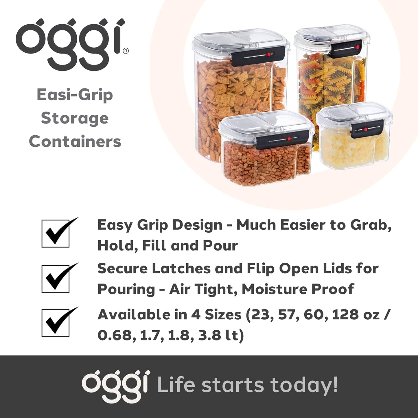 Oggi Easi Grip 23oz Moisture Proof Storage Container, Ultra Clear BPA-Free Sealable Canister, Flip Open Pouring Lid, Date Reminder Slider on Clip, Ideal Kitchen and Pantry Storage (23oz / 0.68lt)