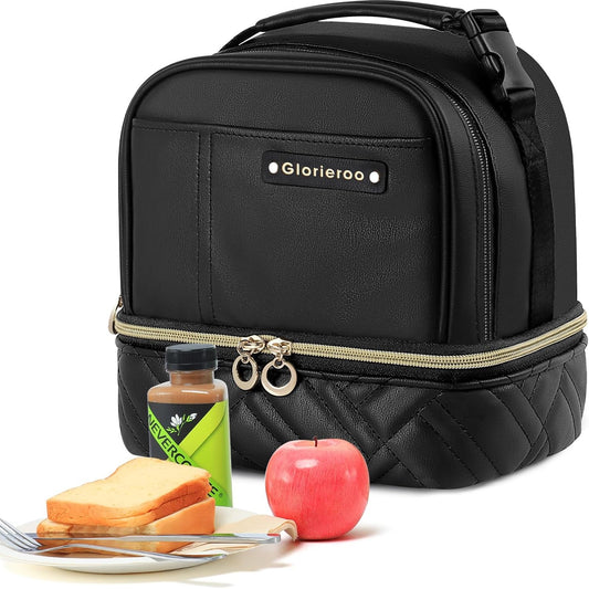 Double Deck Lunch Box Bag Women - Vegan Leather Insulated Waterproof Leakproof Cooler for Work Travel Picnics - Teacher Mothers Day Christmas Birthday Gifts