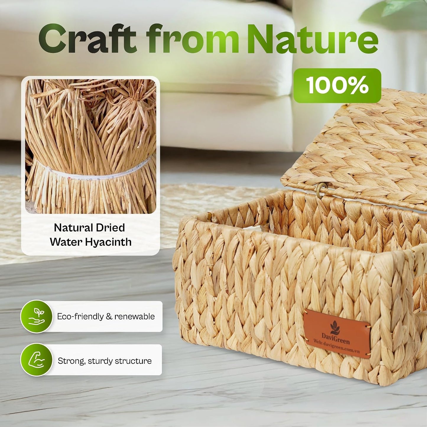 Storage Baskets for Shelves Set of 3, Open-Top Wicker Storage Bins with Handles, Shelf Organizer Baskets for Pantry, Closet & Bathroom, Water Hyacinth Baskets with Tissue Box Cover