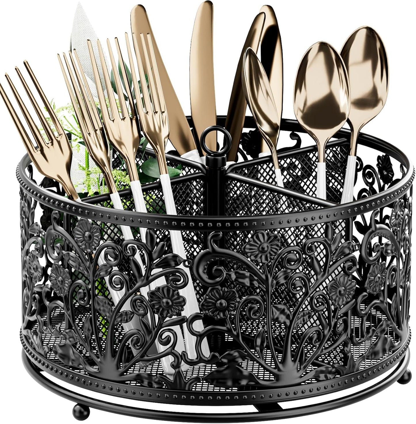 YIUKEA 360° Rotating Utensil Caddy - Silverware Cutlery Caddy Holder with 4 Compartment, Metal Flatware Organizer Countertop with Handle for Party Camping Picnic, Kitchen Counter, Office (Silver)