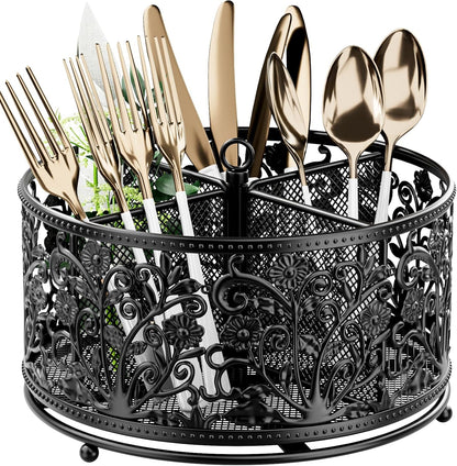 YIUKEA 360° Rotating Utensil Caddy - Silverware Cutlery Caddy Holder with 4 Compartment, Metal Flatware Organizer Countertop with Handle for Party Camping Picnic, Kitchen Counter, Office (Silver)