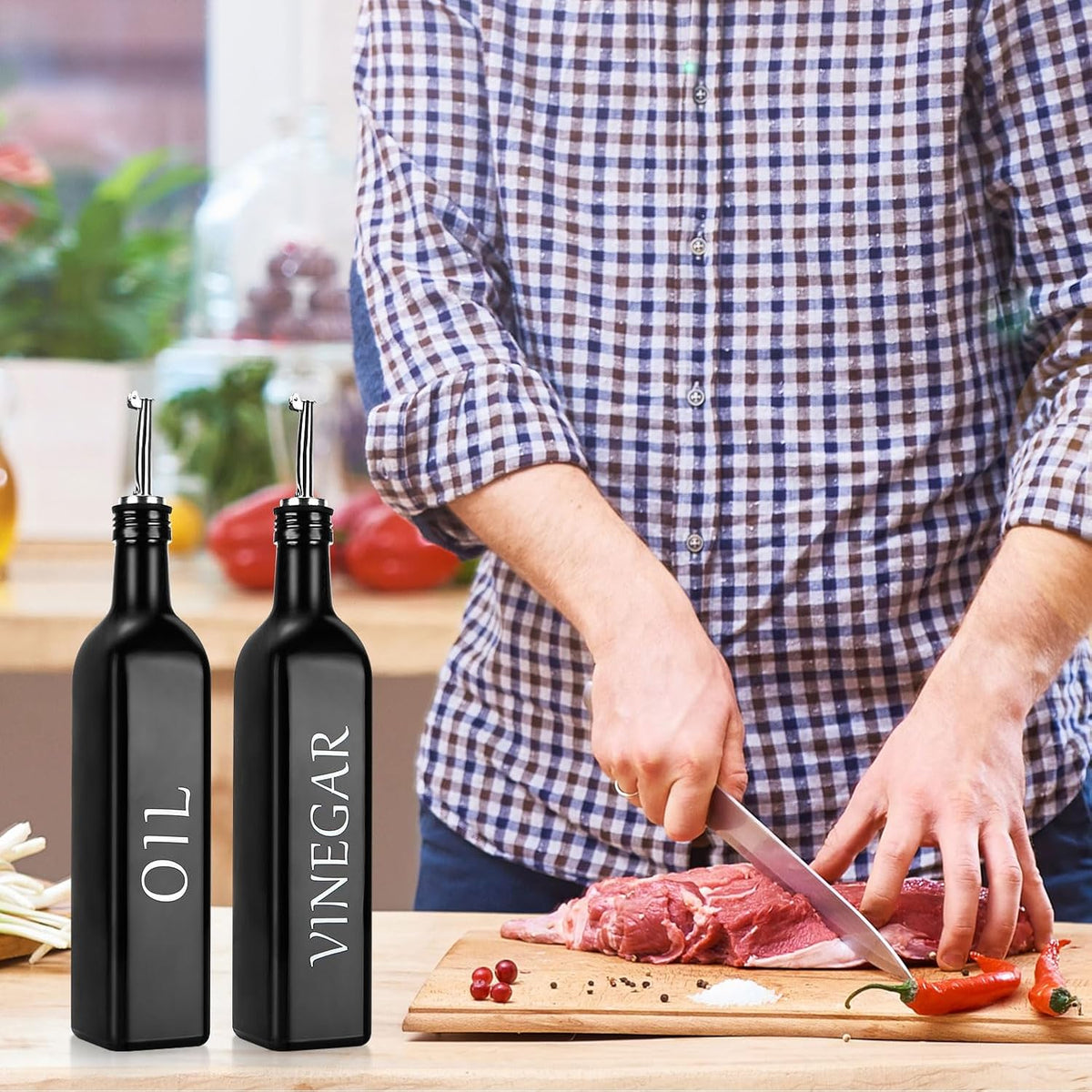 DaiRen Kitchen Oil and Vinegar Dispenser Set, 2 Pieces, 17oz, Black