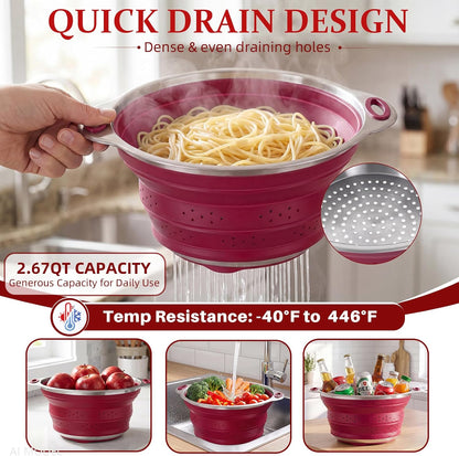 Collapsible Colander Set with Silicone Mat,2-in-1 Stainless Steel Colander for Kitchen, Foldable Metal Colander, Space-Saving for Pasta Veggies Fruit(NAVY BLUE)