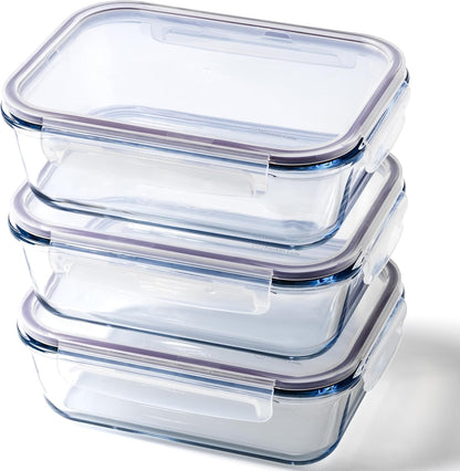 Glass Food Storage Containers | 3 Pack Large Set 52oz/6.4 cup | BPA-Free Airtight LeakProof Lid | Glass Food Containers | Glass Containers with Lids | Oven, Freezer & Dishwasher Safe