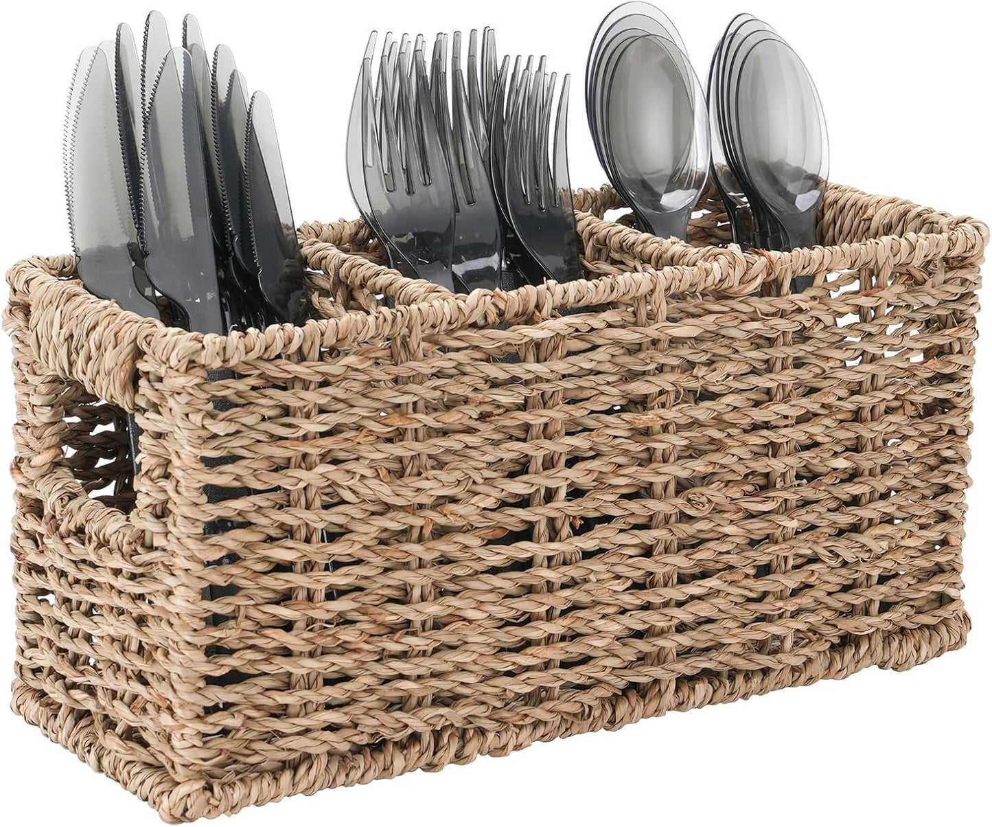 Wicker Party Silverware Caddy, Small Water Hyacinth Plastic Cutlery Utensil Holder, Hand Woven with Handles, Kitchen Countertop and Picnic flatware Organizer