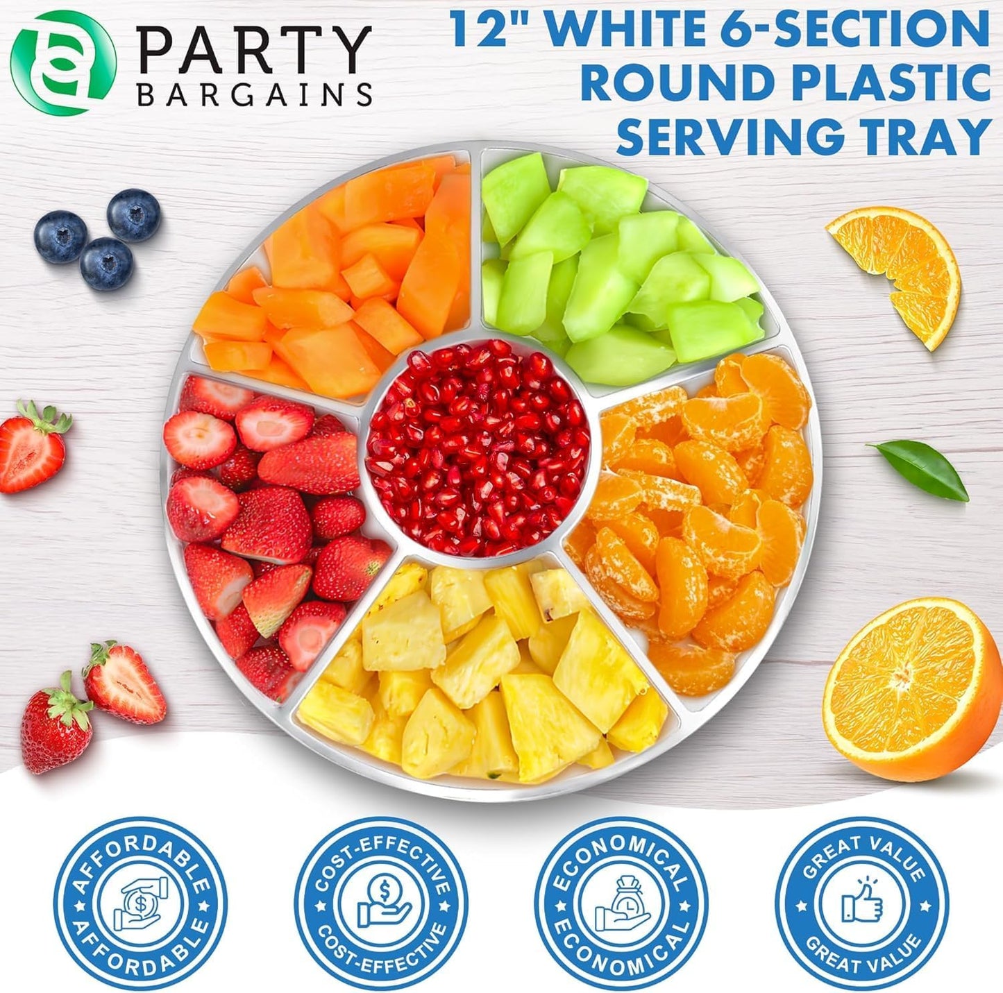 PARTY BARGAINS 12" Round Plastic Serving Tray, 6-Sections, Clear, Pack of 1