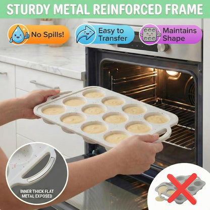 2-Pack Silicone Muffin Pan Set – Regular 12 Cup & Mini 24-Cup Silicone Muffin Pans for Baking – Nonstick Silicone Cupcake Pan with Metal-Reinforced Handles – BPA-Free, Dishwasher-Safe, Cream