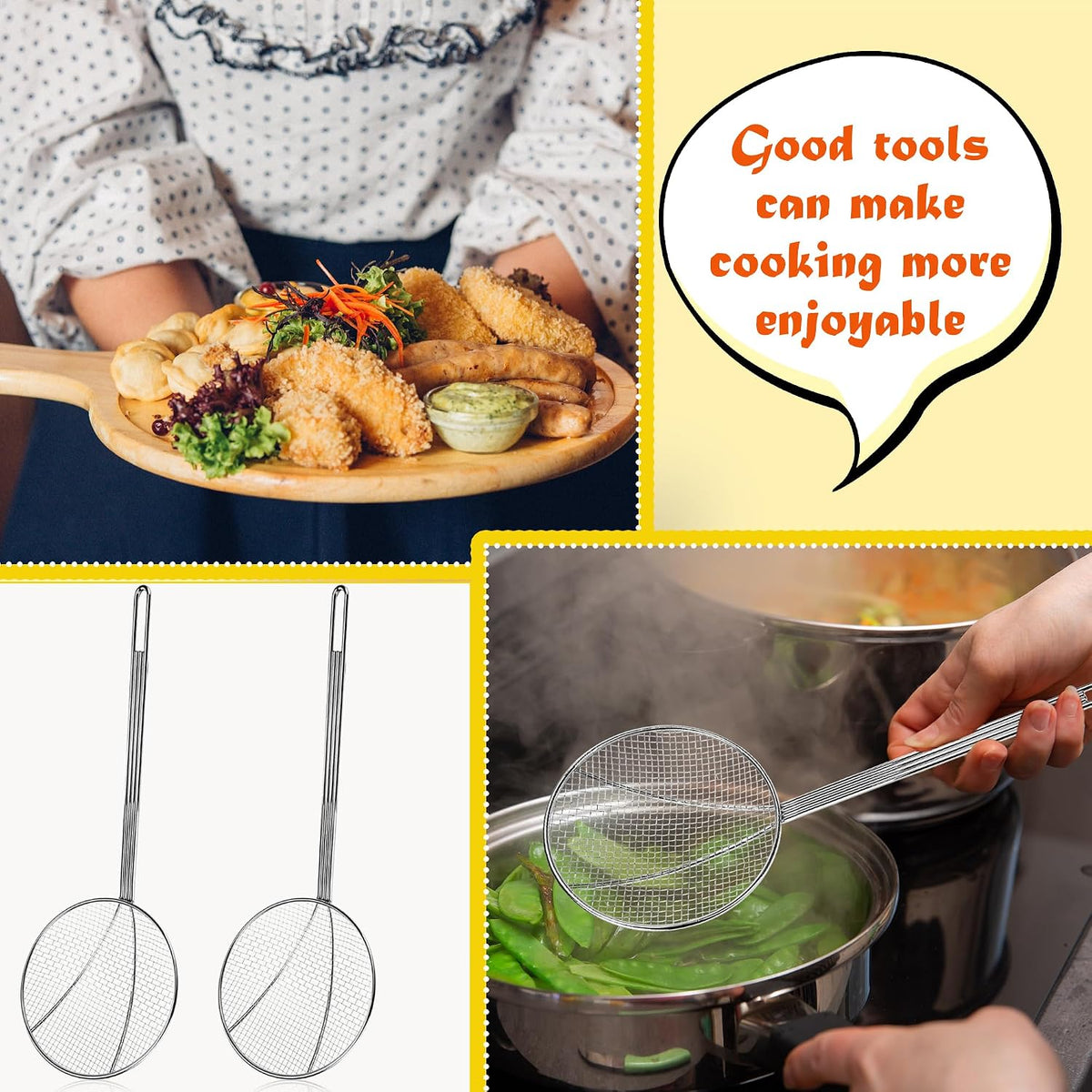 4 Pcs 18 Inch Wire Skimmer Large Carbon Steel Spider Strainer with Long Handle Round Spider Skimmer Spoon for Kitchen Frying Noodles Pasta Dumplings Hot Pot Oil Skimming