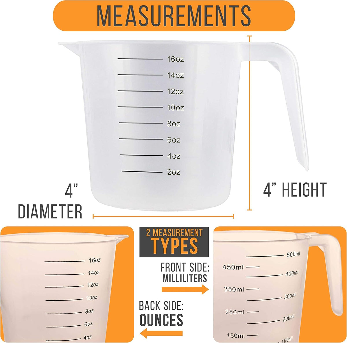 U.S. Kitchen Supply Plastic Measuring Cups with Handles - 16 oz (500 ml)