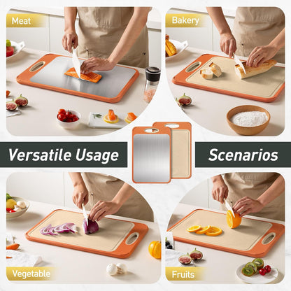 2 Packs Stainless Steel Cutting Board Set, Best Non Toxic Cutting Boards for Kitchen, Double Sided Metal Chopping Board for Meat/Fruit/Vegetables, Food Grade Kitchen Set Gift, [16”×11”+18”×12” Inch]