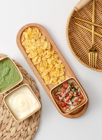 Chip and Dip Serving Set, Ceramic Dipping Sauce Bowls with Wooden Tray, 3.5 inch Side Dishes Set of 3 for Entertaining, Party, Buffets, Appetizers, Snacks and Sushi, Blue