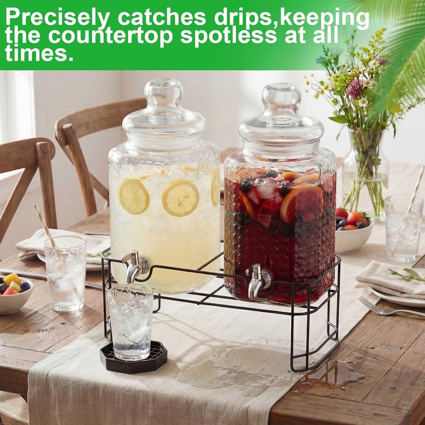 2 Pack 5 Gallon Drink Dispenser with Stand for Parties, Hammered Glass Beverage Dispensers, Stainless Steel Spigots and Drip Trays, Water Jar Jug for Lemonade, Juice, Tea and Party Drinks