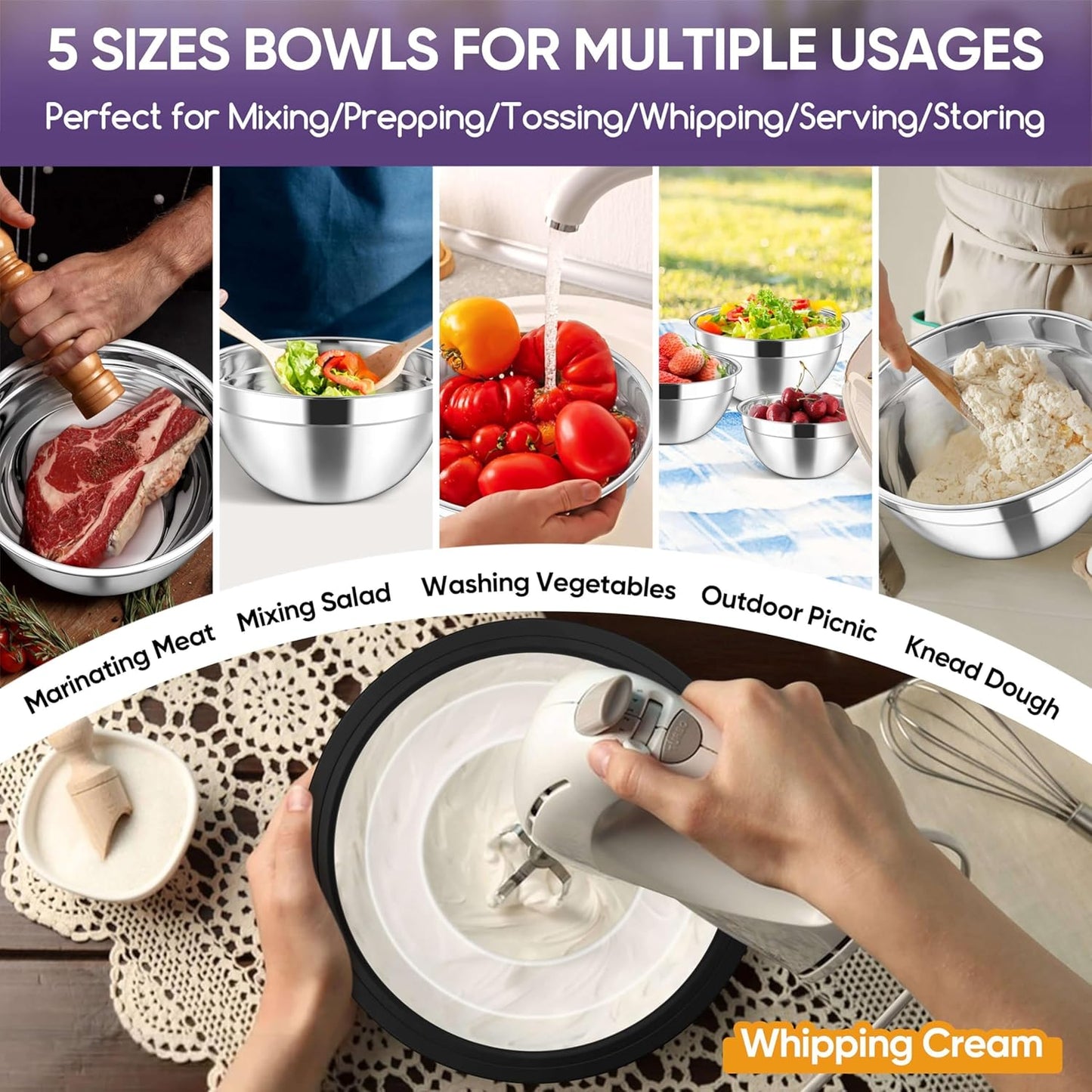 Herogo 5-Piece Mixing Bowls with Airtight Lids, 3 Grater Attachments, Stainless Steel Salad Serving Bowls for Kitchen, Size 4.6, 3.5, 2.5, 2, 1.5QT Ideal for Prepping & Cooking, Black