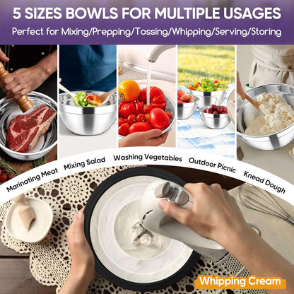 Herogo 5-Piece Mixing Bowls with Airtight Lids, 3 Grater Attachments, Stainless Steel Salad Serving Bowls for Kitchen, Size 4.6, 3.5, 2.5, 2, 1.5QT Ideal for Prepping & Cooking, Black