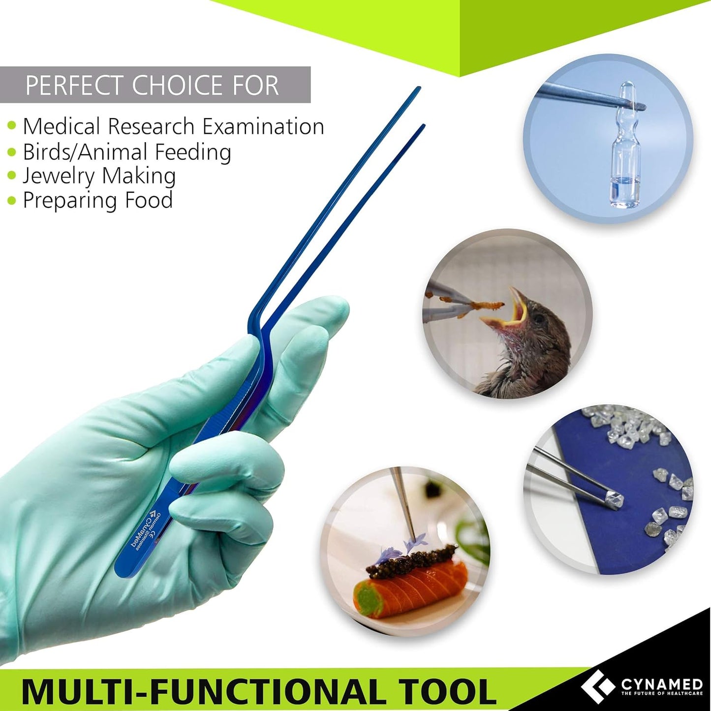 Cynamed 10” Kitchen Premium Tongs Tweezers Stainless Steel, Long with Precision Serrated Tips (Blue, Bayonet)