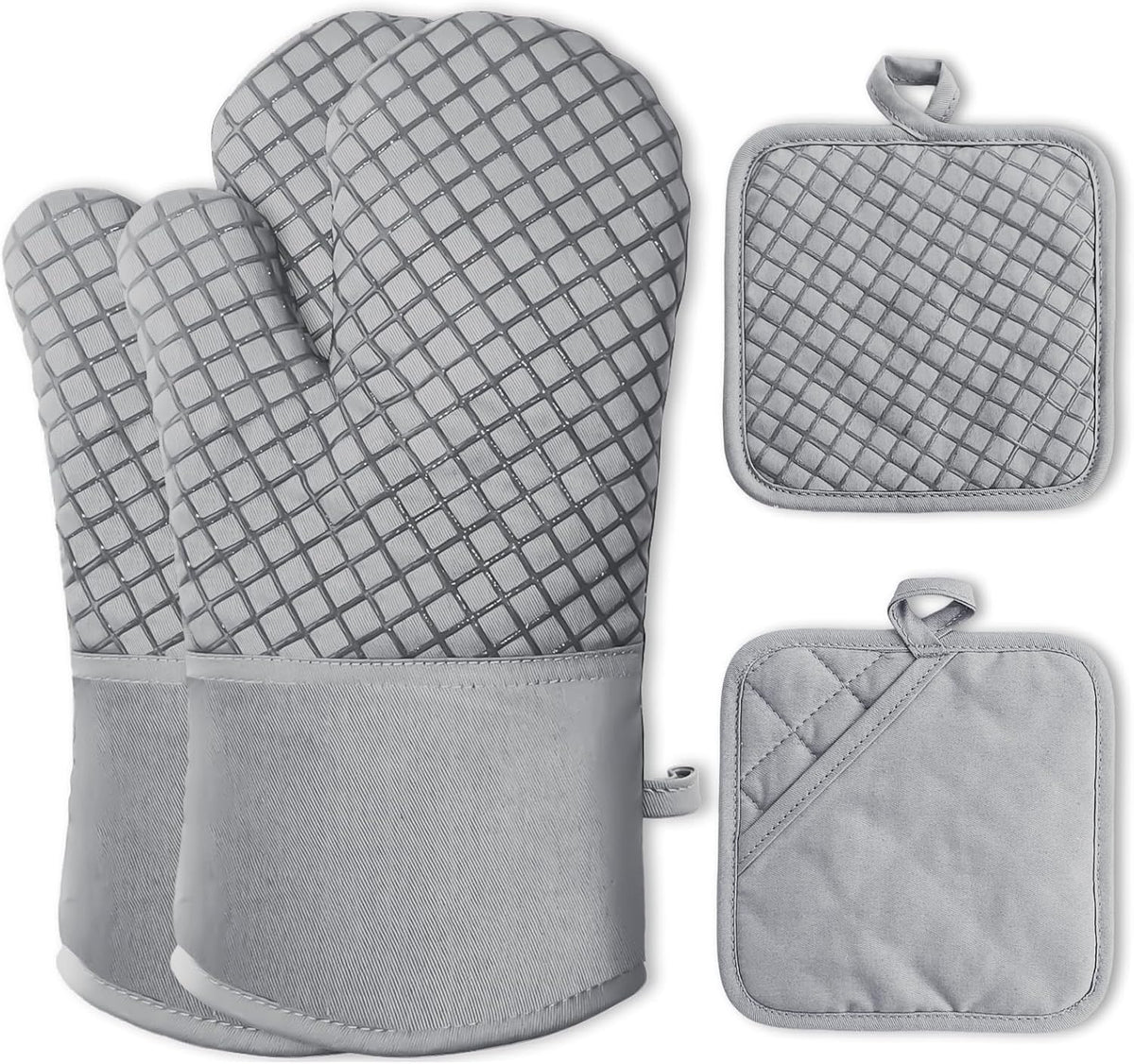4 Pcs Oven Mitts and Pot Holders,500°F High Heat Resistant Kitchen Oven Mitts with Pot Holders,Long Oven Mitts with Recycled Cotton Infill and Silicone Non-Slip Surface for Baking and Cooking(Grey)