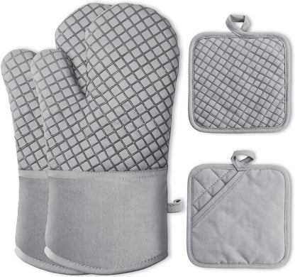 4 Pcs Oven Mitts and Pot Holders,500°F High Heat Resistant Kitchen Oven Mitts with Pot Holders,Long Oven Mitts with Recycled Cotton Infill and Silicone Non-Slip Surface for Baking and Cooking(Grey)