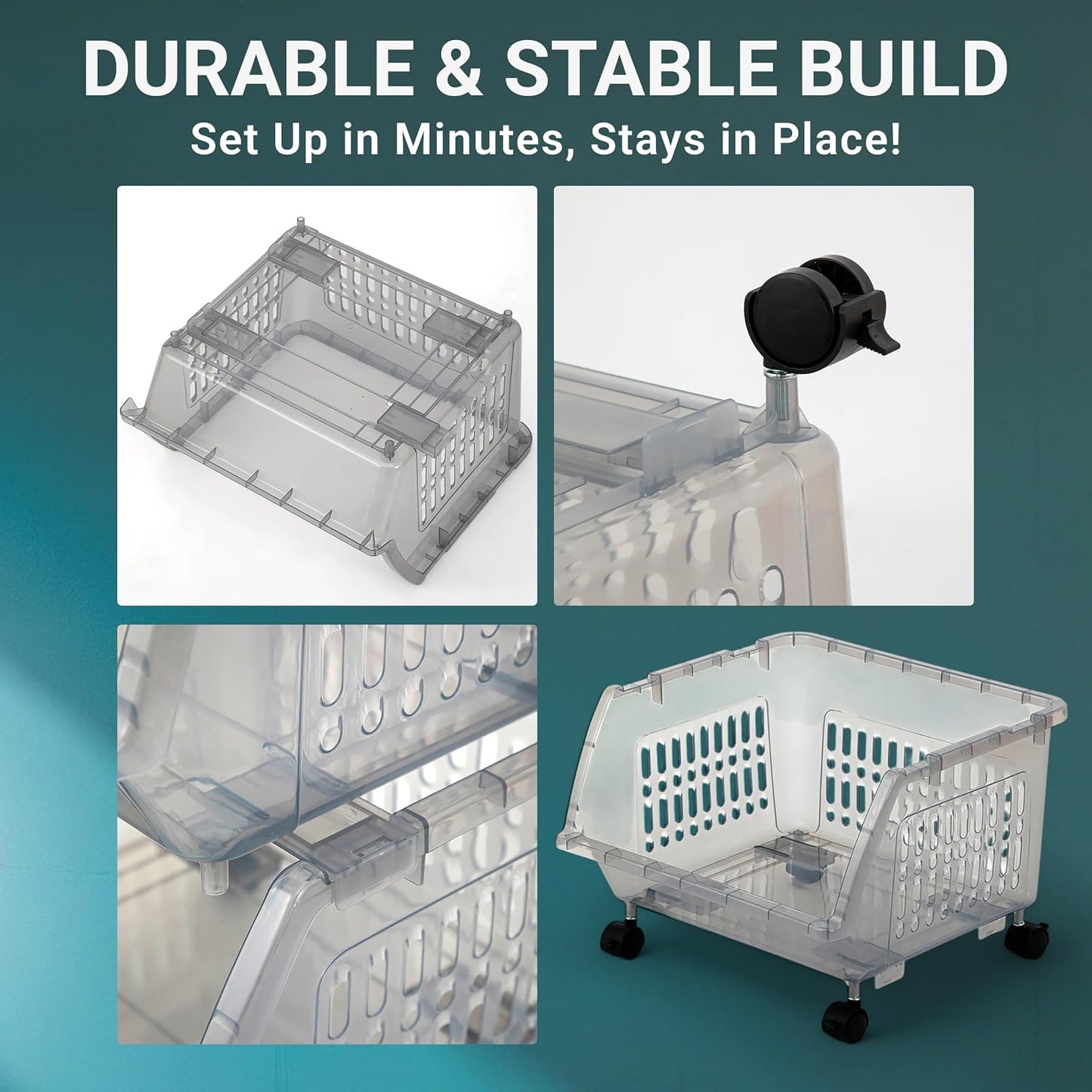 Large Stackable Storage Bins Open Front with Wheels, 4 Pack - Clear | Easy Assembly, Sturdy Plastic, Open Front Access, Smooth Rolling Wheels, Stackable, Large Capacity Storage