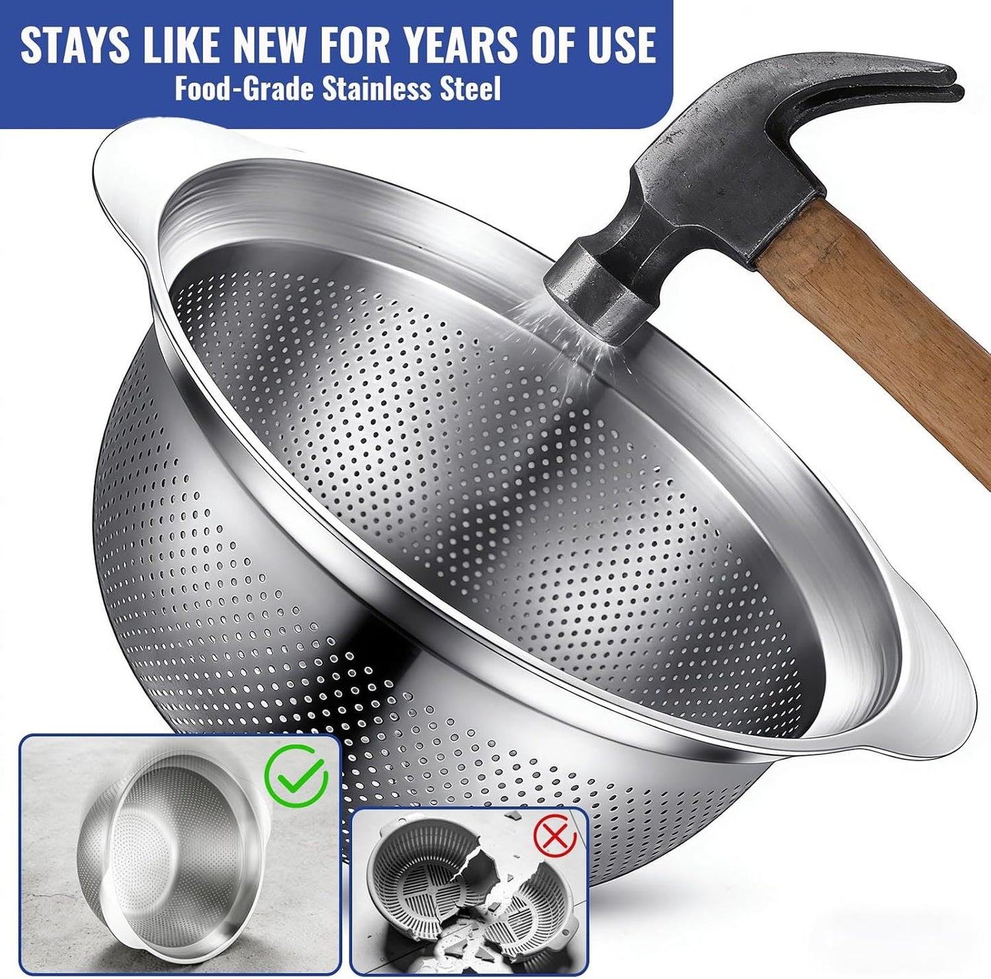 Stainless Steel Colander Set of 2, Nesting Kitchen Strainers with Handles & Stable Base, One-Piece Pasta Drainer for Fruit, Vegetables & Food Prep, Dishwasher Safe(2QT&3QT)