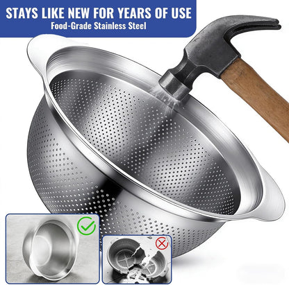 Stainless Steel Colander Set of 2, Nesting Kitchen Strainers with Handles & Stable Base, One-Piece Pasta Drainer for Fruit, Vegetables & Food Prep, Dishwasher Safe(2QT&3QT)