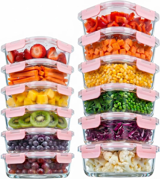 Konokyo Square Glass Food Storage Containers with Lids, 12 Pack Airtight Leakproof Meal Prep Containers, BPA-Free, Microwave Oven Freezer & Dishwasher Safe, Assorted Sizes