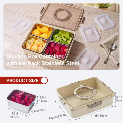 Snackle Box Container, 4 PCS Stainless Steel Divided Serving Snack Tray,Serving Tray with Lid and Handle, Portable Snack Tray for Beach, Road Trip, Picnic, Boat Days, Ball Games