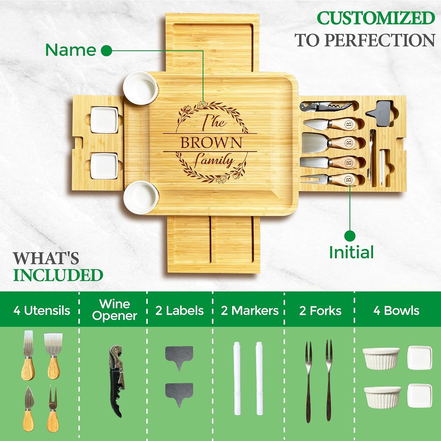 Custom 4-Drawer Bamboo Cheese Board with Utensils Set, Personalized Charcuterie Boards Gift Set, for Kitchen & Entertaining,Wedding,Bridal Shower,Birthday Gift,Housewarming Gift