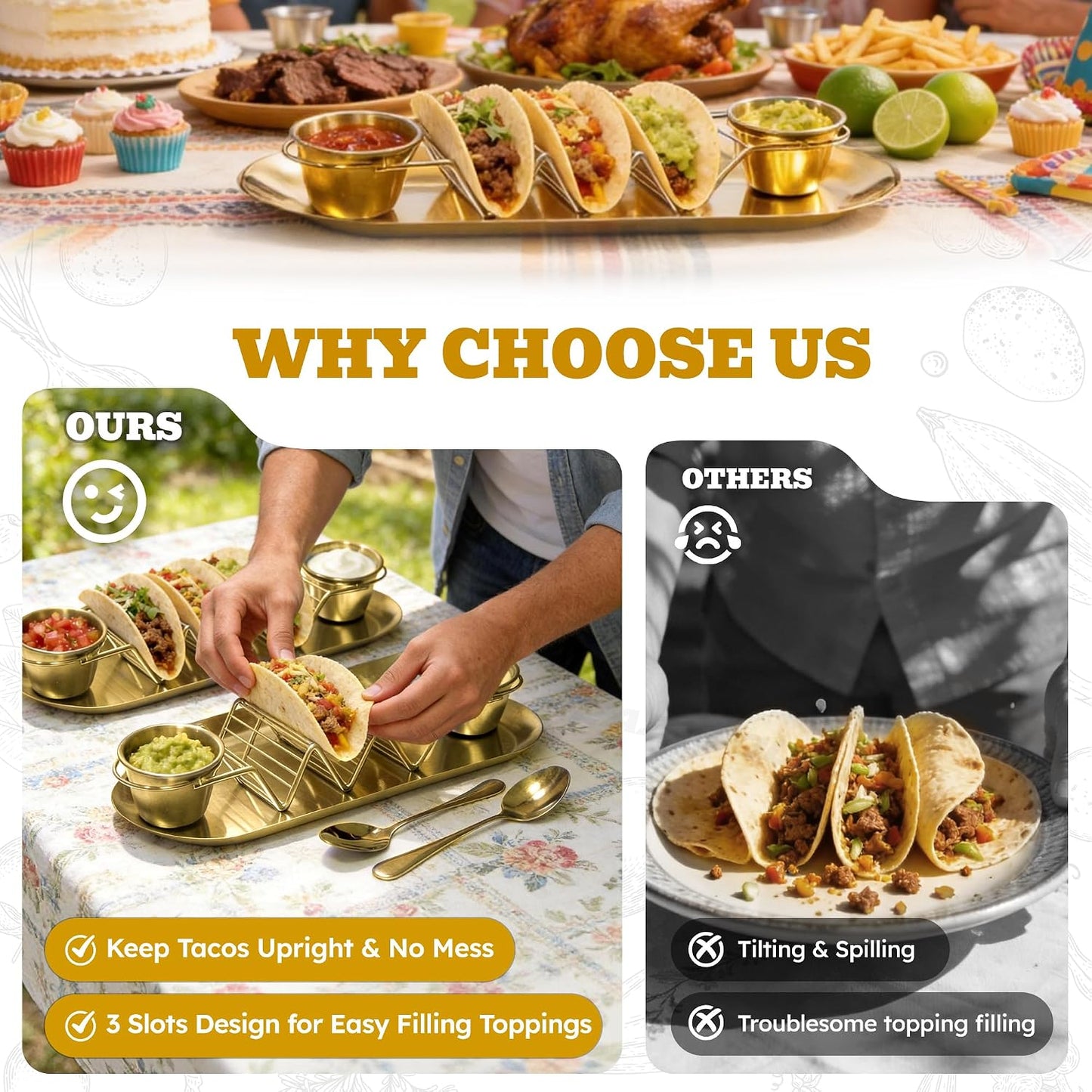 Stainless Steel Taco Holder Tray Set of 2, Taco Rack Holds 3 Tacos Each with Serving Tray, Sauce Cups & Spoon, Oven & Dishwasher Safe for Taco Night & Parties (Gold-2 Pack)