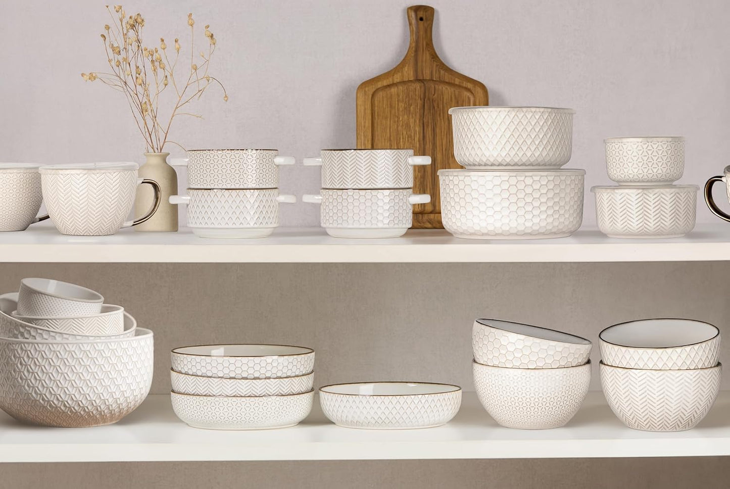 KooK Serving Bowls, with Lids, Ceramic Nesting Bowls, Set of 4, Embossed, Kitchen, Prep, Stackable, Gift, Microwave and Dishwasher Safe, 10/16/29/47 oz, Narbonne Collection (Ivory)