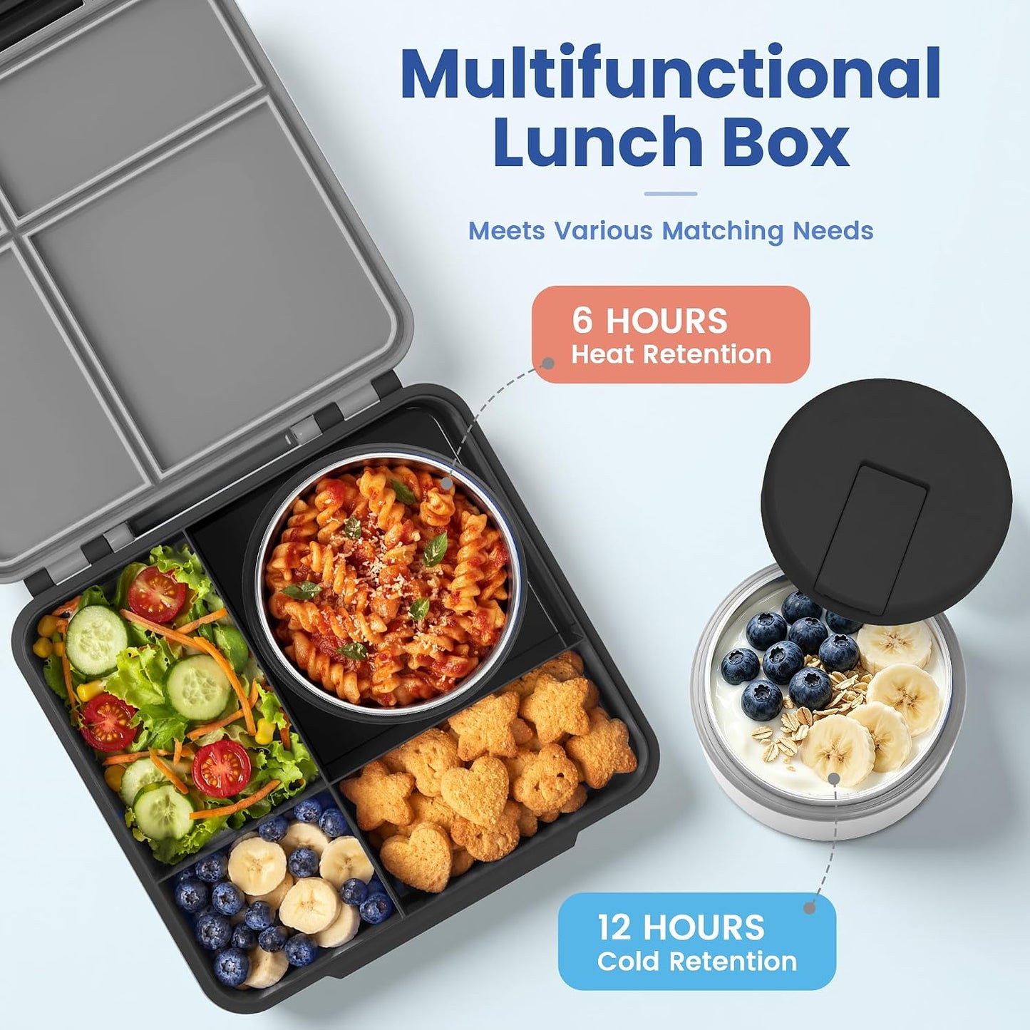 LOHASOK Bento Lunch Box Kids with 8oz Soup Thermo, Leak-Proof Lunch Containers with 4 Compartment, Thermo Hot Food Jar and Insulated Lunch Box for School Blue