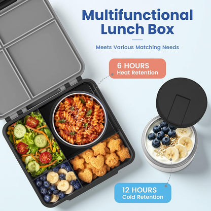 LOHASOK Bento Lunch Box Kids with 8oz Soup Thermo, Leak-Proof Lunch Containers with 4 Compartment, Thermo Hot Food Jar and Insulated Lunch Box for School Blue