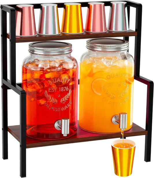 2PCS 1.5 Gallon Drink Dispenser - Glass Beverage Dispenser With Wood Stand and Leakproof Stainless Steel Spigot, Large Drink Dispenser for Parties, Lemonade, Iced Tea, Laundry Detergent Container