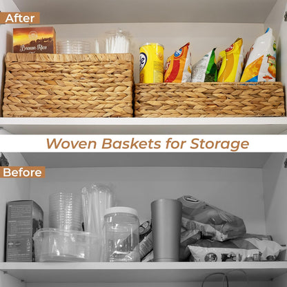 2-Pack Handwoven Water Hyacinth Storage Baskets with Handles, Wicker Bins for Pantry Organization, Shelf or Closet Organizer, Decorative Boho Rectangular Basket 13.5" x 8"