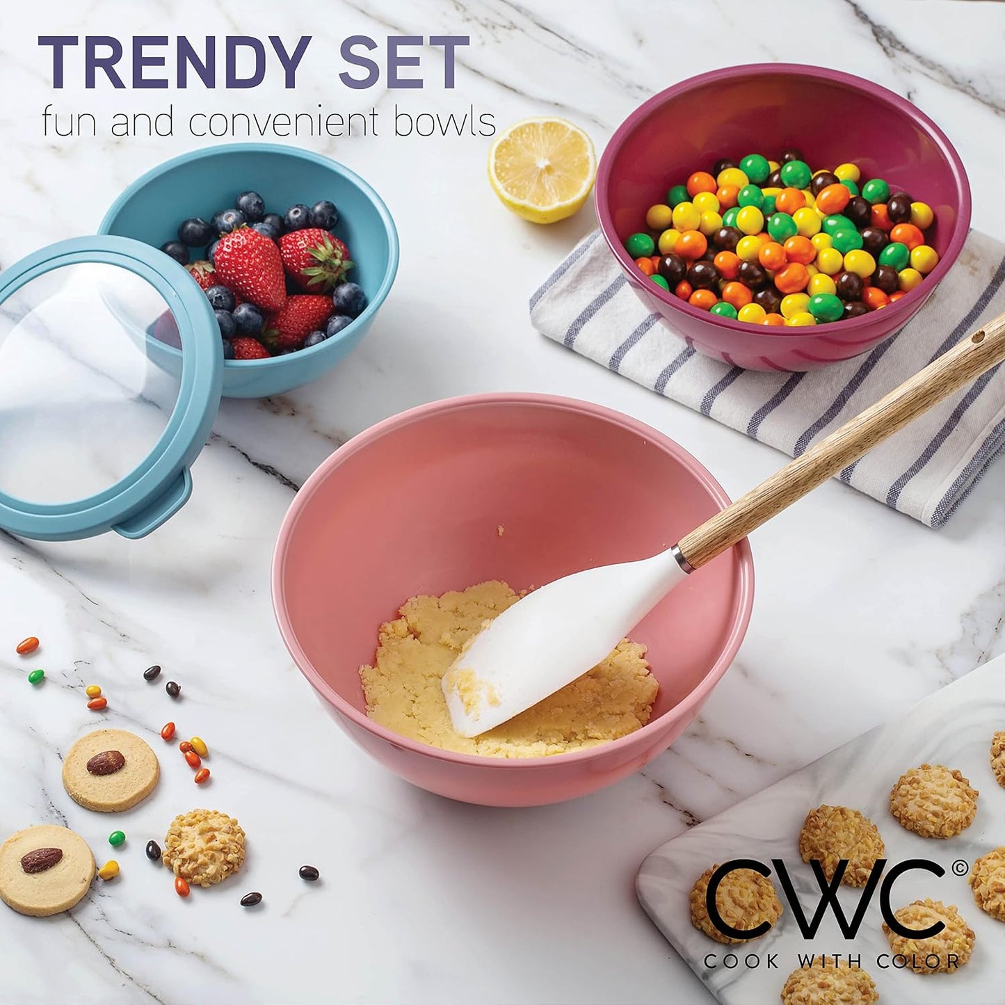 COOK WITH COLOR Mixing Bowls with Lids - 12 Piece Plastic Nesting Bowls Set includes 6 Prep Bowls and 6 Lids, Microwave Safe Mixing Bowl Set, Pink Embossed - Colors B