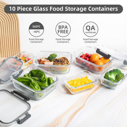 Meal Prep Containers Glass 10 Pack - Striped Food Storage Containers with Lids Airtight, 2 Sizes, Microwave Dishwasher Freezer Safe, Clear
