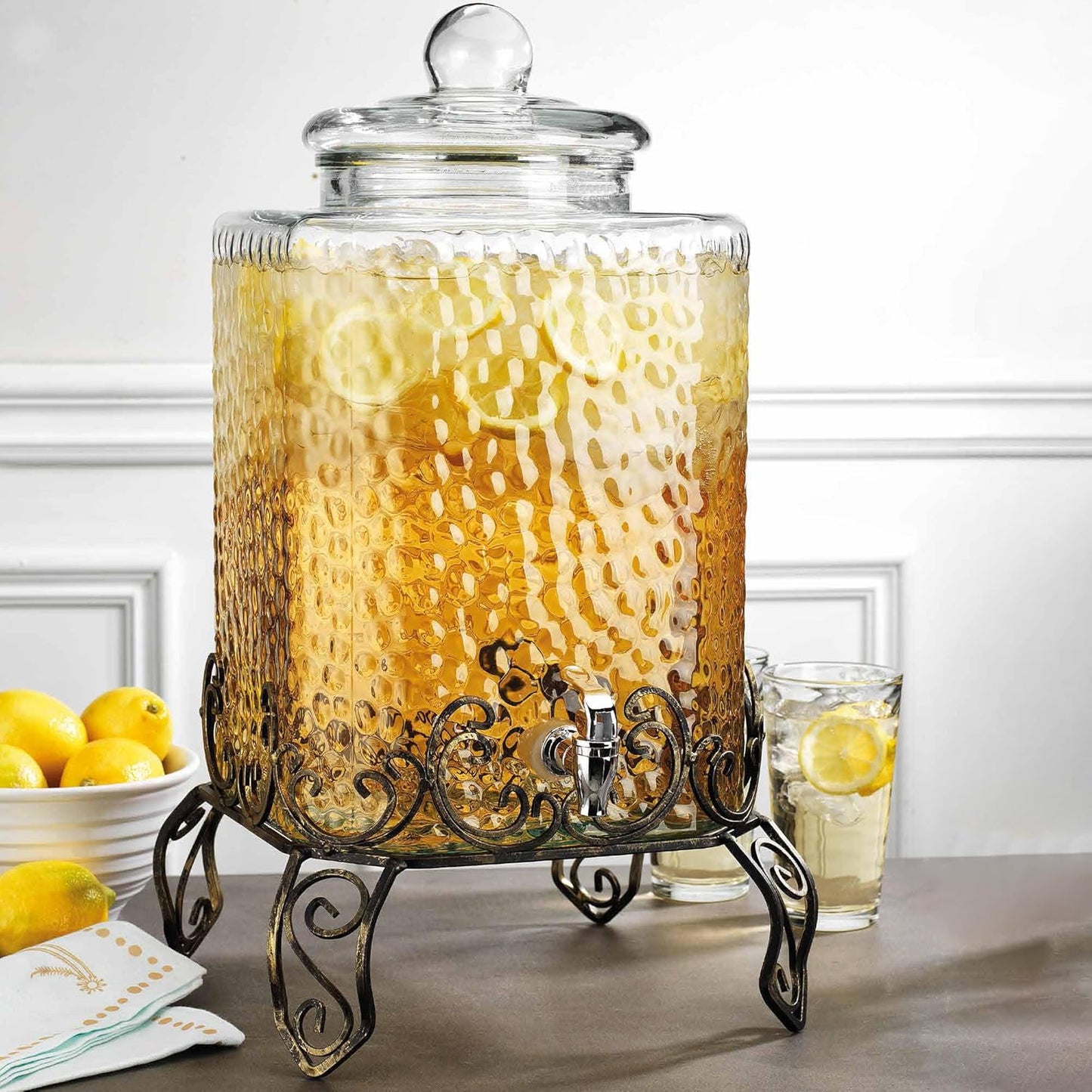 3 Gallon Glass Drink Dispenser with Metal Stand & Lid – Hammered Beverage Dispenser with Leakproof Spigot, Wide Mouth for Easy Fill – Ideal for Parties, Lemonade, Iced Tea, Sangria & More