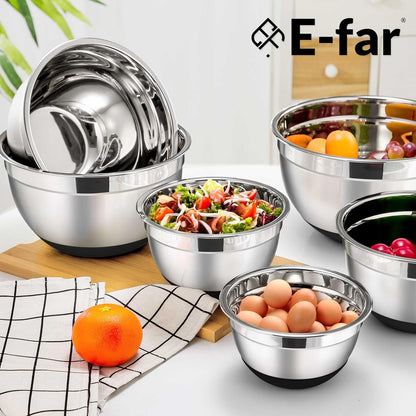 E-far Stainless Steel Mixing Bowls with Lids Set, 5-Piece Nesting Salad Bowls with 3 Grater Attachments and Non-Slip Bottoms, Size 4.6, 2.6, 2, 1.5, 1QT for Kitchen (Khaki)