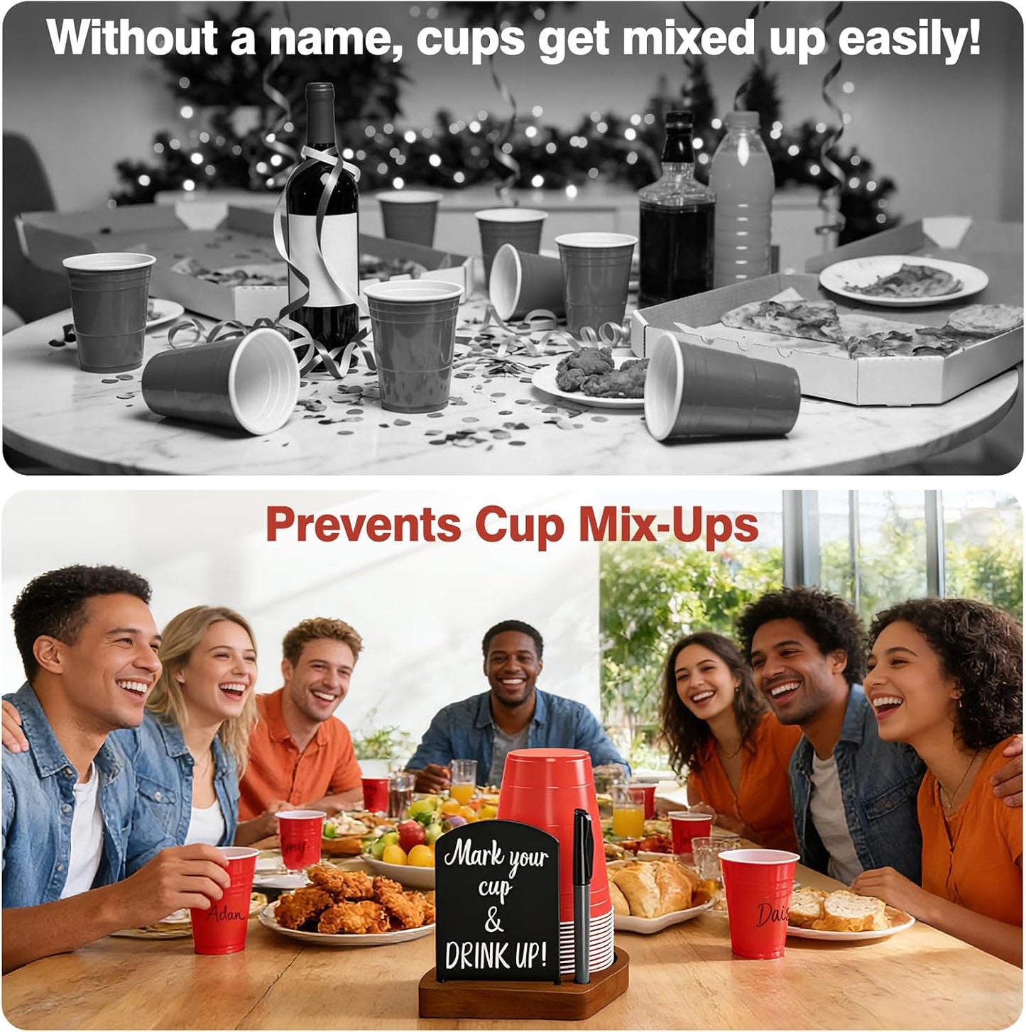 Decorative Solo Cup Holder with Marker Slot, Disposable Cup Dispenser Prevents Drink Mix-Ups – A Hosting Essential for Birthdays, BBQs, Gatherings & Housewarming, Brown