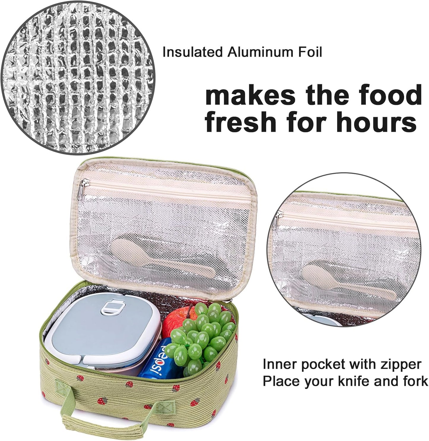 Bluboon Insulated Lunch Bag for Girls & Boys, Corduroy School Lunch Box with Cooler & Organizer Compartments, Leak-Proof Lunch Tote for School, Travel (Corduroy Strawberries Beige)
