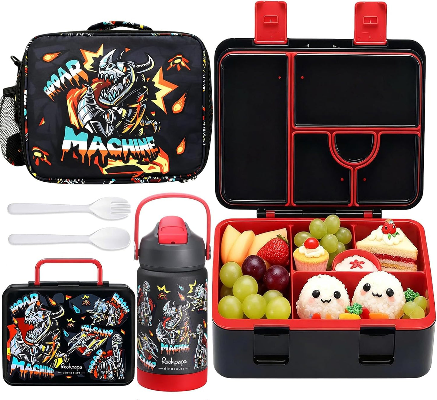 rockpapa Kids Lunch Box Set with 14oz Insulated Water Bottle & Lunch Bag, Leakproof 5.5 Cups Bento Box for School & Children, BPA-Free, Microwave Safe for Boys Girls (Grey Constr Turcks)