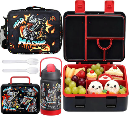 rockpapa Kids Lunch Box Set with 14oz Insulated Water Bottle & Lunch Bag, Leakproof 5.5 Cups Bento Box for School & Children, BPA-Free, Microwave Safe for Boys Girls (Grey Constr Turcks)